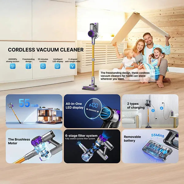 Cleanivia Cordless Stick Vacuum – 40Kpa 8-in-1 Lightweight Vacuum for Pet Hair, Hard Floors & Carpets