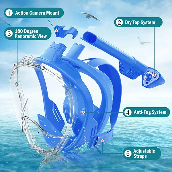 SnorkMask Full Face Snorkel Mask – 180° Panoramic View, Anti-Fog & Anti-Leak, Camera Mount, Foldable Snorkeling Set for Adults