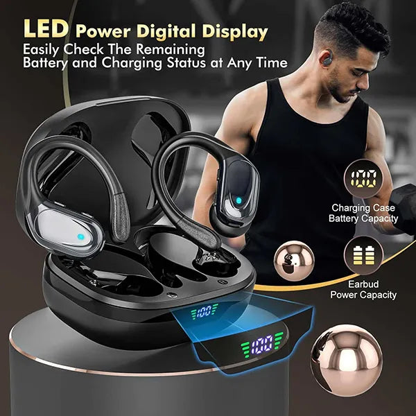 MaxSound Wireless Running Earbuds – Bluetooth, LED Display, Earhook, IPX7 Waterproof, Deep Bass HD Stereo for Gym & Sport