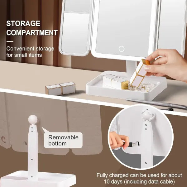 VanityGlow Lighted Makeup Mirror – 83 LEDs, 360° Fill Light, 3-Color Lighting, Trifold Portable Travel Mirror