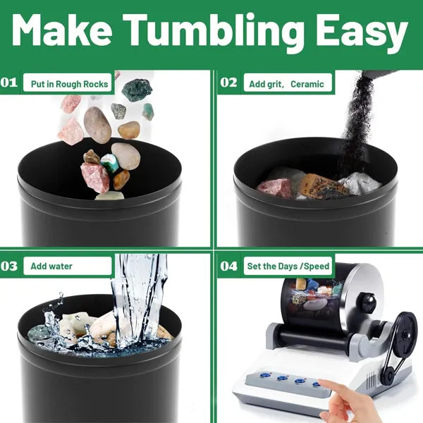 PolGem Rock Tumbler Kit – 4-Stage Grit System with 7-Day Timer