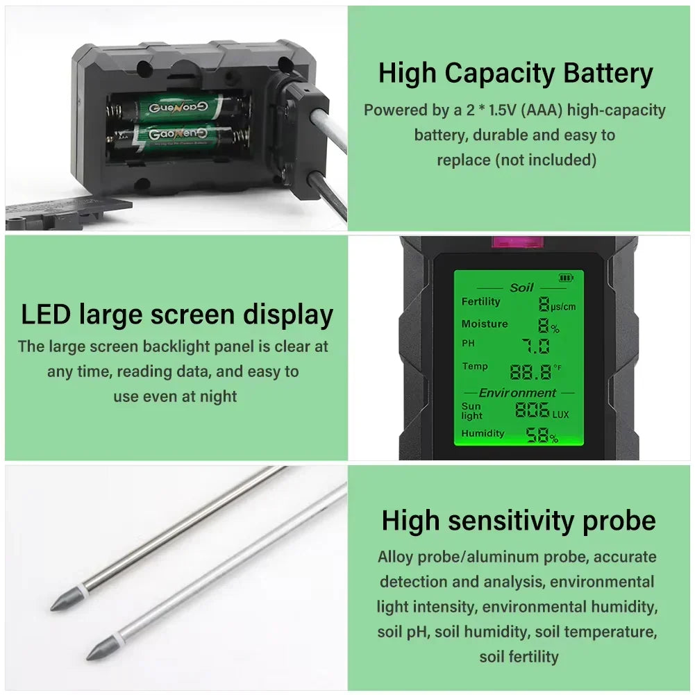 ProSoilPH 6-in-1 Soil Tester – Moisture, pH, Temperature, Sunlight, Fertility & Environment Meter for Gardening & Farming
