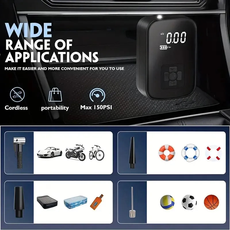 Voltire Portable Tire Inflator – 100W Wireless Air Pump, 3–150 PSI, 3600mAh Battery