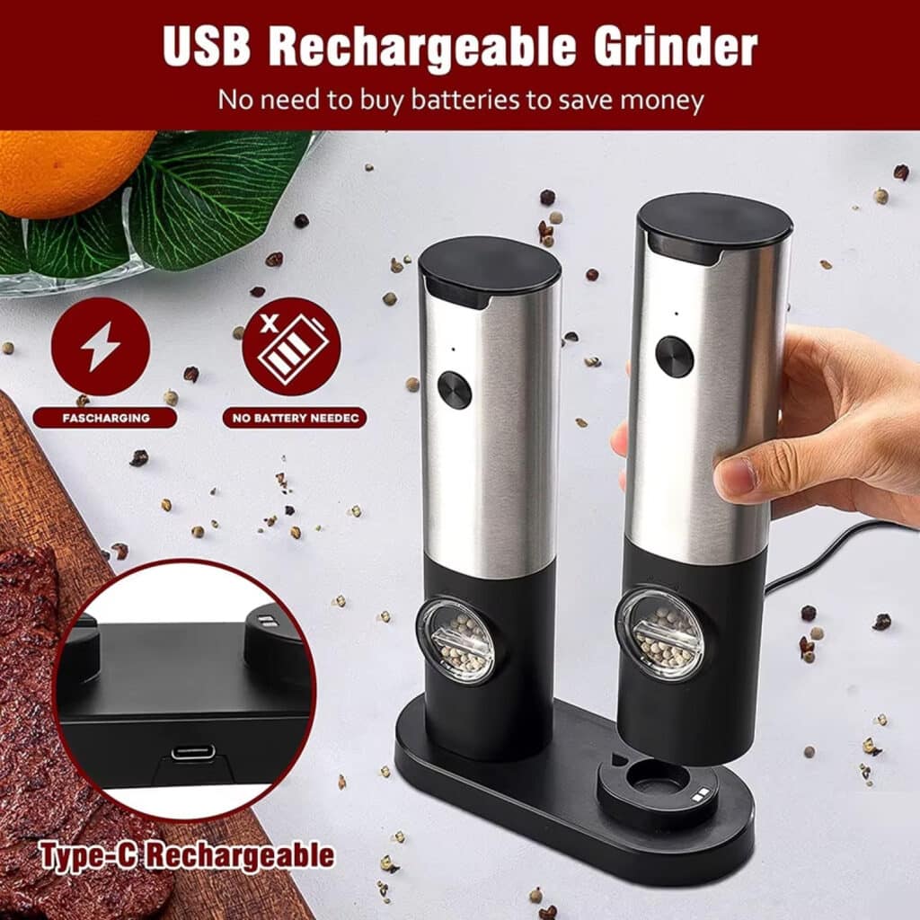 Kivoroa Electric Salt & Pepper Grinder Set – One-Touch, USB Rechargeable with LED Light & Adjustable Coarseness