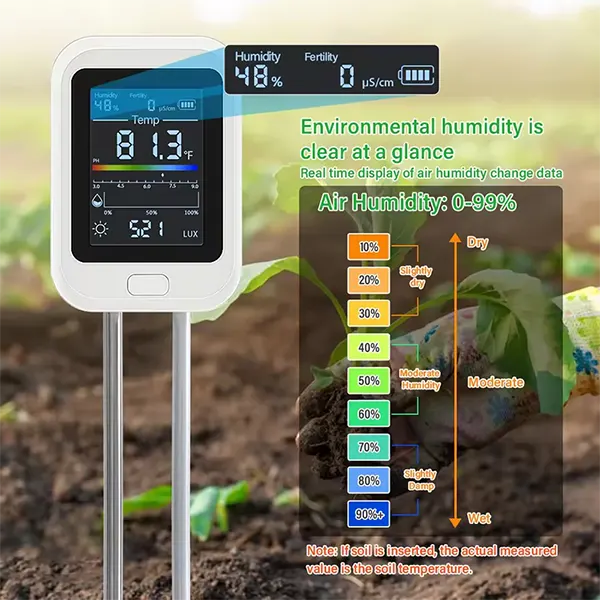 AmiSol3 6-in-1 Soil pH Tester – Rechargeable Digital Meter with LCD Display for pH, Moisture, Temperature, Sunlight & Fertility