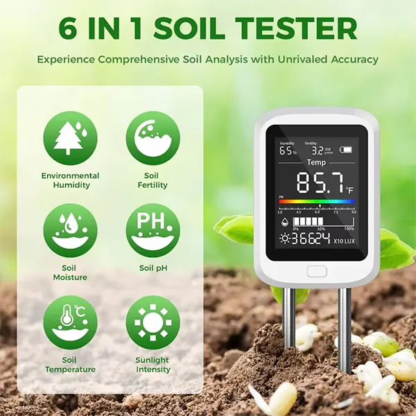Famipheer 6-in-1 Soil pH Tester – Rechargeable Digital Meter with LCD Display for pH, Moisture, Temperature, Sunlight & Fertility