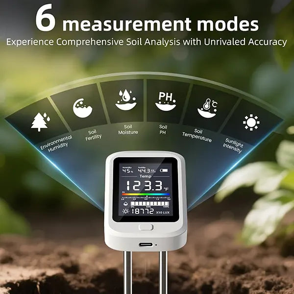 Famipheer X2 6-in-1 Soil pH Tester – Rechargeable Digital Meter with LCD Display for pH, Moisture, Temperature, Sunlight & Fertility