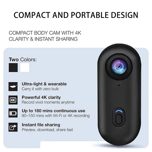 GoJo4K Body Cam – 4K Ultra HD WiFi Action Camera, Thumb-Size 1.25oz, IPX7 Waterproof, 120-Min Battery, 360° Magnetic Clip