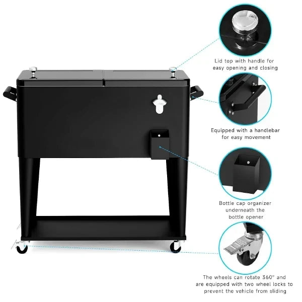 NioPatio Rolling Patio Cooler – 80Qt Ice Chest Cart on Wheels | Holds 50 Bottles / 110 Cans | Bottle Opener, Side Basket & Bottom Shelf