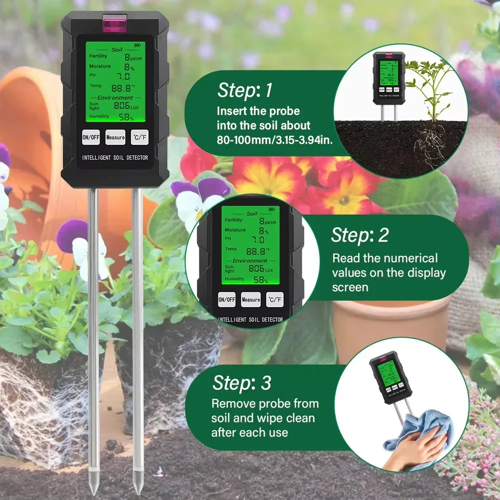 ProSoilPH 6-in-1 Soil Tester – Moisture, pH, Temperature, Sunlight, Fertility & Environment Meter for Gardening & Farming