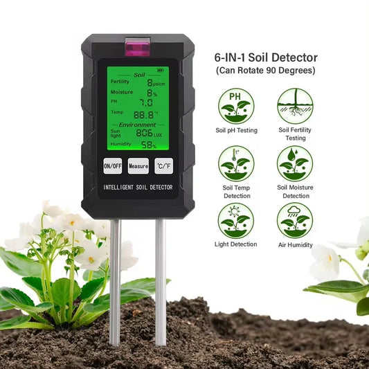 ProSoilPH 6-in-1 Soil Tester – Moisture, pH, Temperature, Sunlight, Fertility & Environment Meter for Gardening & Farming