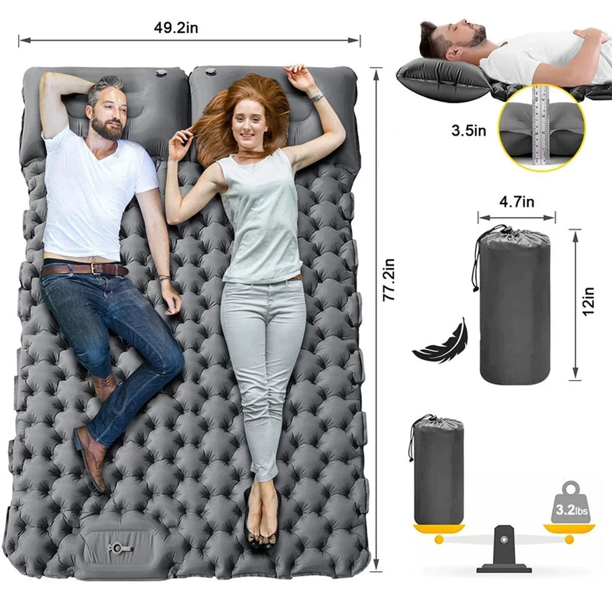 TuxaCusi Double Camping Sleeping Pad – Inflatable Air Mattress with Pillows, Foot Pump, 440 LBS Support